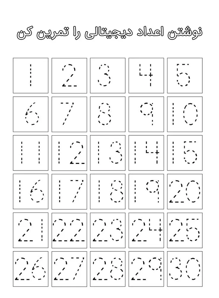 تمرین نوشتن اعداد دیجیتالی با نقطه چین