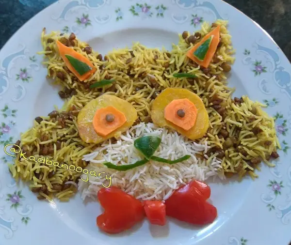 تزیین عدس پلو با طرح گربه